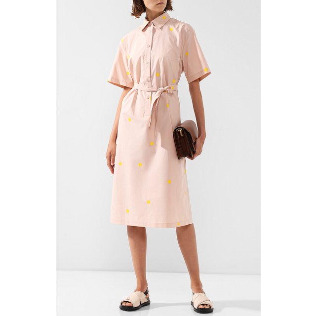 фото Хлопковое платье-рубашка с поясом в горох nina donis