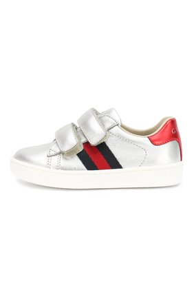 Детские кожаные кеды GUCCI серебряного цвета по цене 18700 руб., арт. 455447/DXD60 | Фото 2 Детские кожаные кеды GUCCI серебряного цвета, арт. 455447/DXD60 | Фото 2