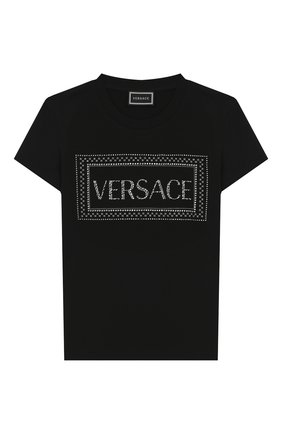 Детская хлопковая футболка VERSACE черного цвета по цене 13300 руб., арт. YC000140/YA00019/6A | Фото 1 Детская хлопковая футболка VERSACE черного цвета, арт. YC000140/YA00019/6A | Фото 1 (Материал внешний: Хлопок; Рукава: Короткие; Статус проверки: Проверена категория, Проверено; Принт: С принтом; Девочки Кросс-КТ: футболка-одежда; Ростовка одежда: 6 лет | 116 см)