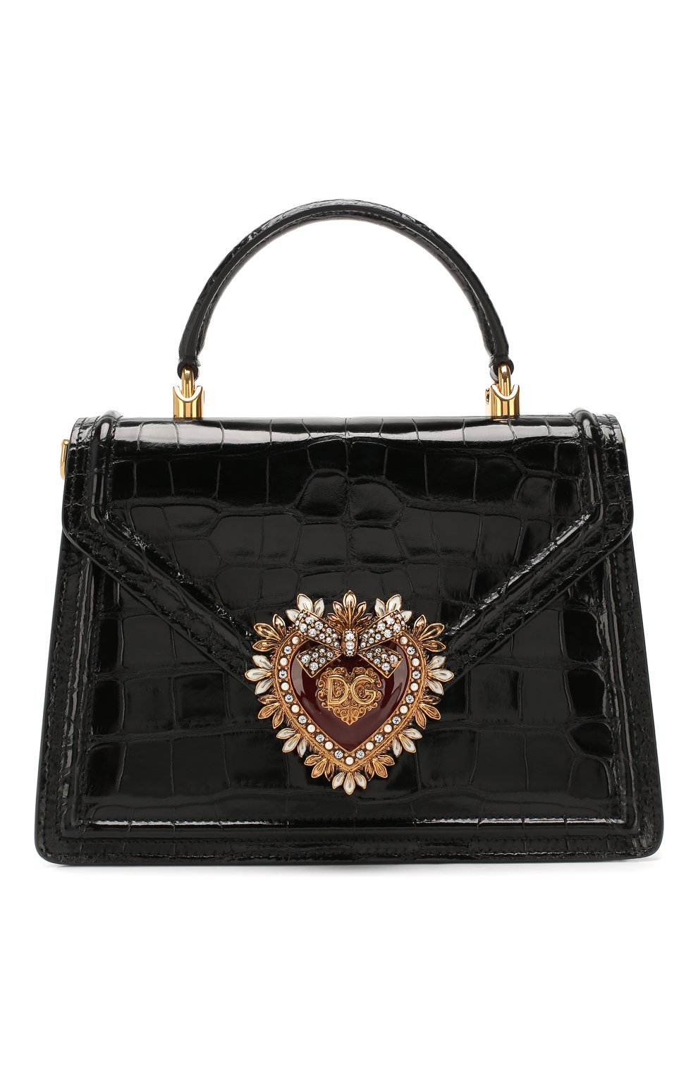 Женская сумка devotion small из кожи аллигатора DOLCE & GABBANA черного цвета, арт. BB6727/A2R08/AMIS | Фото 1 (Сумки-технические: Сумки через плечо, Сумки top-handle; Материал: Экзотическая кожа, Натуральная кожа; Ремень/цепочка: На ремешке; Статус проверки: Проверено, Проверена категория; Размер: small)