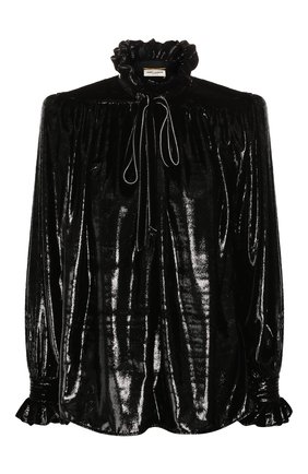 Женская блузка SAINT LAURENT черного цвета, арт. 594708/Y011R | Фото 1 (Рукава: Длинные; Длина (для топов): Стандартные; Материал внешний: Шелк, Синтетический материал; Статус проверки: Проверена категория; Принт: Без принта; Женское Кросс-КТ: Блуза-одежда)