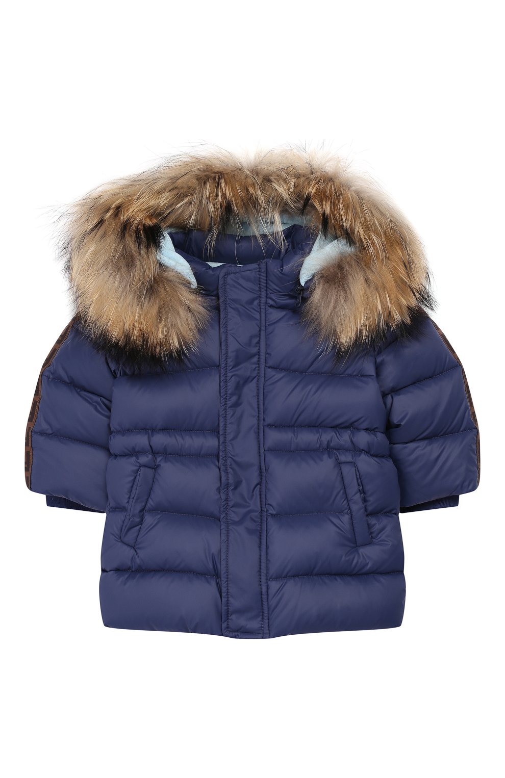 Детского пуховик с меховой отделкой на капюшоне FENDI синего цвета, арт. BMA090/A4RT/3M-9M | Фото 1