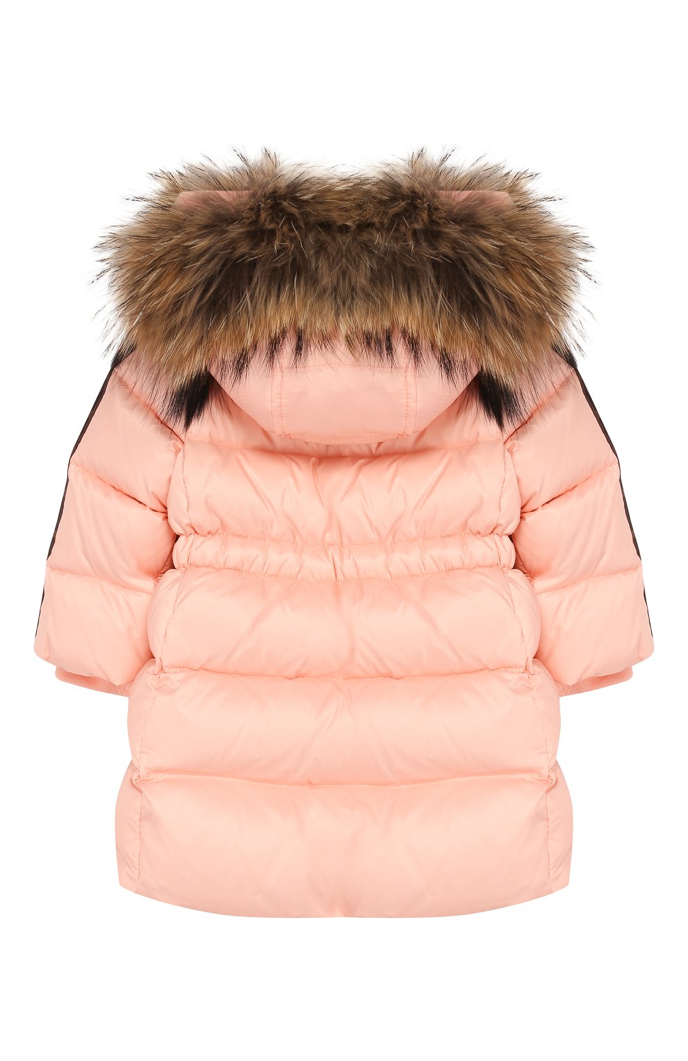 Детского пуховик с меховой отделкой на капюшоне FENDI розового цвета по цене 79750 руб., арт. BFA054/A4RT/12M-24M | Фото 2 Детского пуховик с меховой отделкой на капюшоне FENDI розового цвета, арт. BFA054/A4RT/12M-24M | Фото 2
