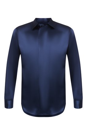 Мужская шелковая рубашка GIORGIO ARMANI темно-синего цвета по цене 108000 руб., арт. 9WGCCZSS/TZ429 | Фото 1 Мужская шелковая рубашка GIORGIO ARMANI темно-синего цвета, арт. 9WGCCZSS/TZ429 | Фото 1 (Длина (для топов): Стандартные; Материал внешний: Шелк; Рукава: Длинные; Статус проверки: Проверена категория, Проверено; Принт: Однотонные; Случай: Повседневный; Манжеты: На пуговицах; Воротник: Кент)