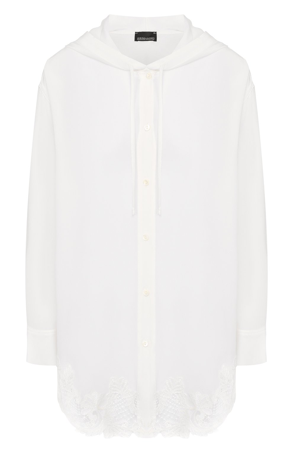 Женская шелковая блузка ERMANNO ERMANNO SCERVINO белого цвета, арт. 45T CM29 CDC | Фото 1 (Материал внешний: Шелк; Рукава: Длинные; Принт: Без принта; Длина (для топов): Удлиненные; Женское Кросс-КТ: Блуза-одежда)