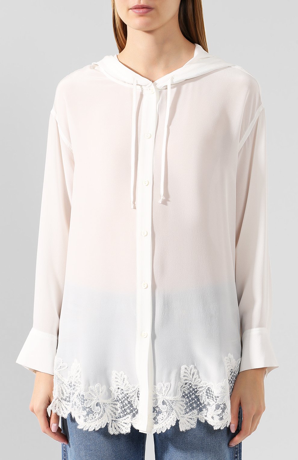 Женская шелковая блузка ERMANNO ERMANNO SCERVINO белого цвета, арт. 45T CM29 CDC | Фото 3 (Материал внешний: Шелк; Рукава: Длинные; Принт: Без принта; Длина (для топов): Удлиненные; Женское Кросс-КТ: Блуза-одежда)