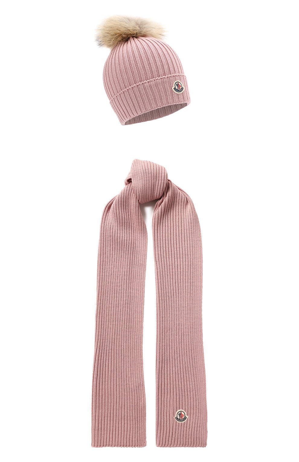 Детский комплект из шапки и шарфа MONCLER розового цвета, арт. E2-954-00951-06-04S01 | Фото 1 (Материал: Шерсть; Статус проверки: Проверено, Проверена категория)