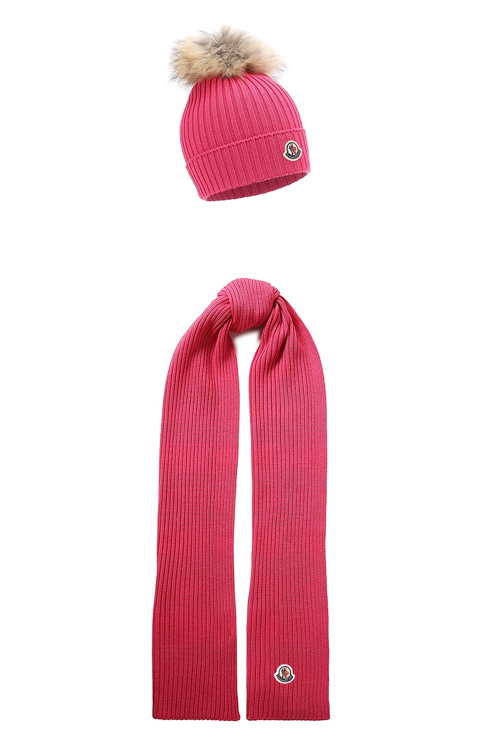 Детский комплект из шапки и шарфа MONCLER фуксия цвета, арт. E2-954-00951-06-04S01 | Фото 1 (Материал: Шерсть; Статус проверки: Проверено, Проверена категория)