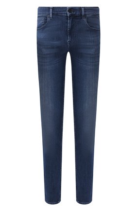 Мужские джинсы 7 FOR ALL MANKIND темно-синего цвета, арт. JSMXA230BD | Фото 1 (Материал внешний: Хлопок, Деним; Силуэт М (брюки): Прямые; Длина (брюки, джинсы): Стандартные; Детали: Потертости; Кросс-КТ: Деним)