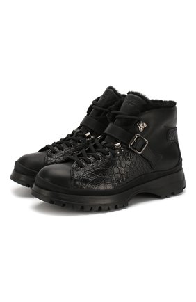 Мужские ботинки с отделкой из кожи каймана PRADA черного цвета, арт. 2TE158-3L2N-F0002 | Фото 1 (Подошва: Массивная; Каблук высота: Высокий; Материал утеплителя: Натуральный мех; Материал внешний: Кожа; Мужское Кросс-КТ: Ботинки-обувь, зимние ботинки)