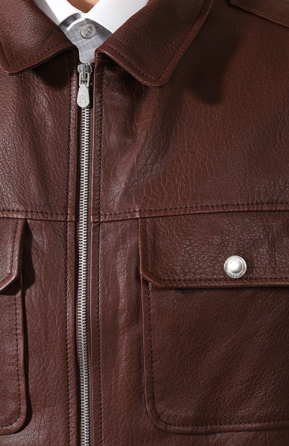 Мужская кожаная куртка BRUNELLO CUCINELLI темно-коричневого цвета, арт. MPNPE1694 | Фото 5 (Кросс-КТ: Куртка; Рукава: Длинные; Мужское Кросс-КТ: Верхняя одежда, Кожа и замша; Материал внешний: Натуральная кожа; Длина (верхняя одежда): Короткие; Материал подклада: Купро)