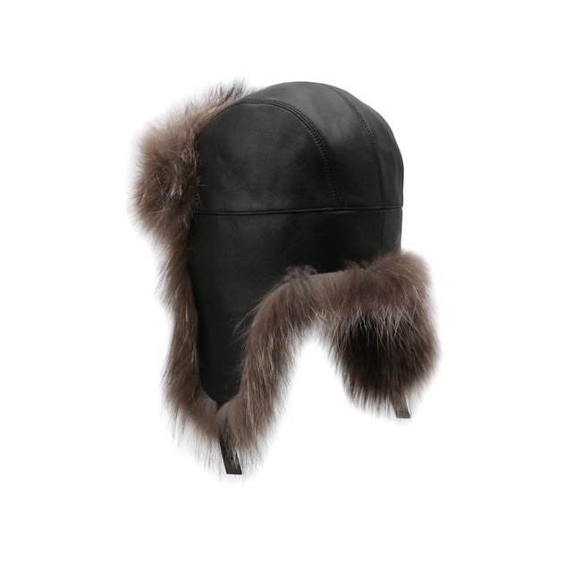 фото Кожаная шапка-ушанка с отделкой из меха енота kussenkovv