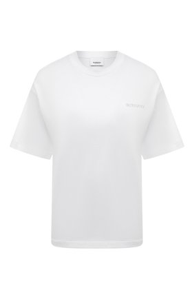 Женская хлопковая футболка BURBERRY белого цвета, арт. 8024646 | Фото 1 (Рукава: Короткие; Материал внешний: Хлопок; Стили: Кэжуэл; Принт: Без принта; Статус проверки: Проверена категория; Женское Кросс-КТ: Футболка-одежда; Длина (для топов): Удлиненные)