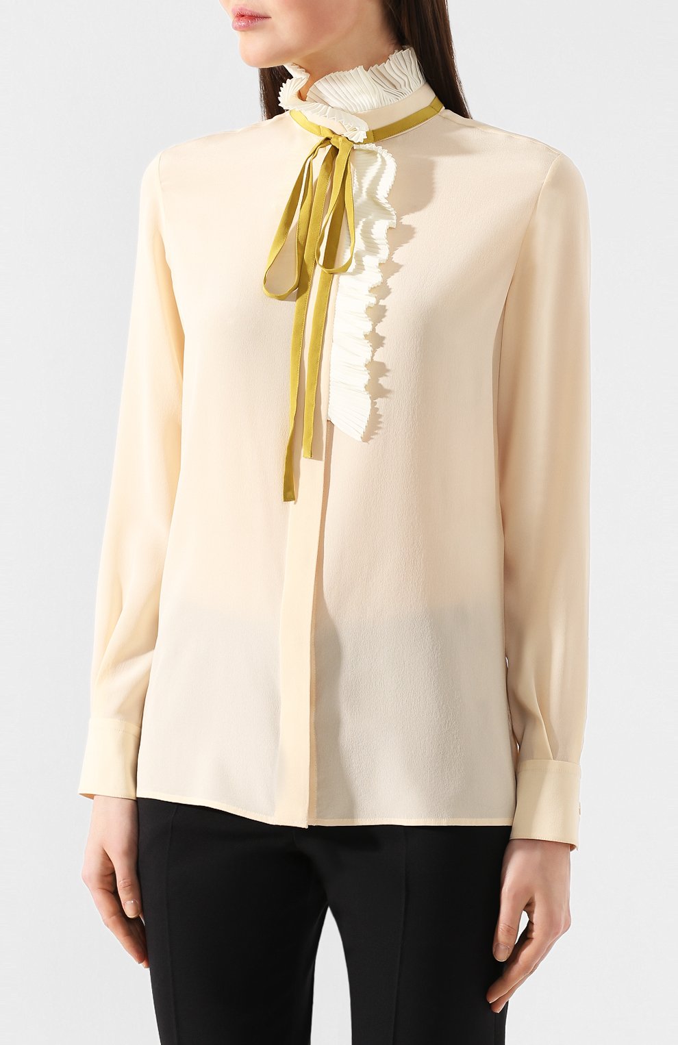 Женская шелковая блузка CHLOÉ желтого цвета, арт. CHC20SHT29004 | Фото 3 (Материал внешний: Шелк; Рукава: Длинные; Принт: Без принта; Длина (для топов): Стандартные; Женское Кросс-КТ: Блуза-одежда; Статус проверки: Проверена категория)