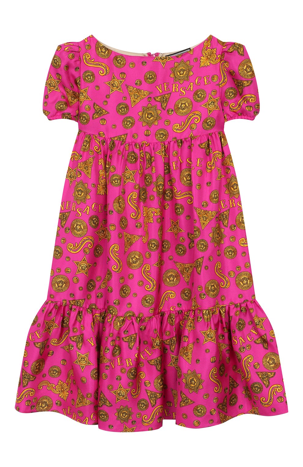 Детское шелковое платье VERSACE розового цвета, арт. YC000193/A232649/4A-6A | Фото 1 (Материал внешний: Шелк; Рукава: Короткие; Случай: Повседневный; Принт: С принтом; Региональные ограничения белый список (Axapta Mercury): RU; Девочки Кросс-КТ: Платье-одежда; Материал подклада: Вискоза; Статус проверки: Проверена категория)