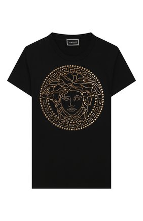 Детская хлопковая футболка VERSACE черного цвета по цене 12850 руб., арт. YC000278/YA00019/4A-6A | Фото 1 Детская хлопковая футболка VERSACE черного цвета, арт. YC000278/YA00019/4A-6A | Фото 1