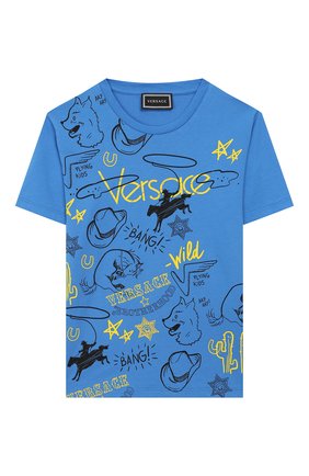 Детская хлопковая футболка VERSACE голубого цвета по цене 10400 руб., арт. YD000167/YA00079/8A-14A | Фото 1 Детская хлопковая футболка VERSACE голубого цвета, арт. YD000167/YA00079/8A-14A | Фото 1