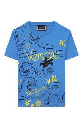 Детская хлопковая футболка VERSACE голубого цвета по цене 9680 руб., арт. YD000167/YA00079/4A-6A | Фото 1 Детская хлопковая футболка VERSACE голубого цвета, арт. YD000167/YA00079/4A-6A | Фото 1
