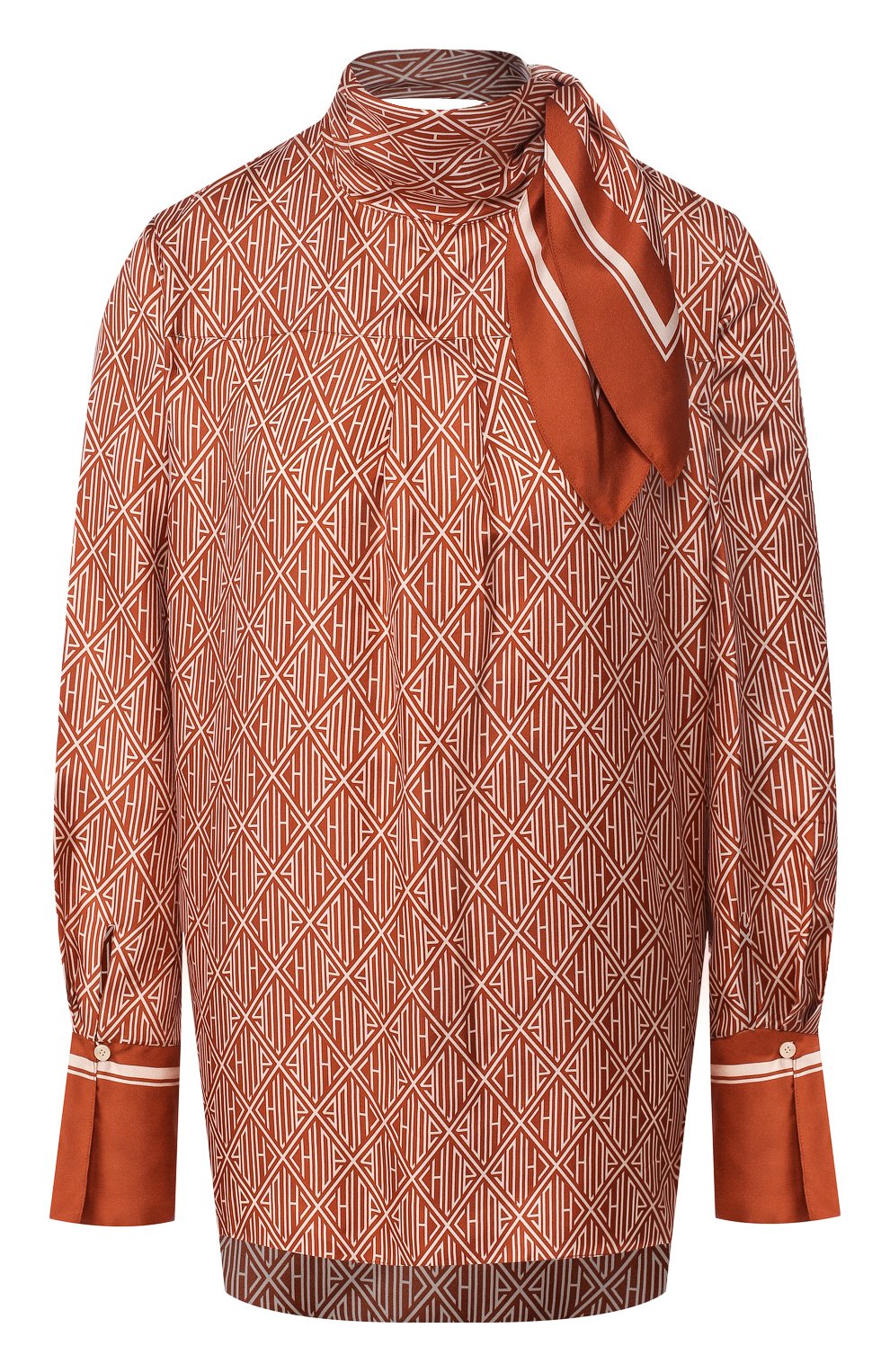 Женская шелковая блузка CHLOÉ коричневого цвета, арт. CHC20SHT81350 | Фото 1 (Материал внешний: Шелк; Рукава: Длинные; Длина (для топов): Стандартные; Принт: С принтом; Женское Кросс-КТ: Блуза-одежда; Статус проверки: Проверена категория)