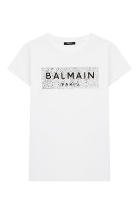 Детская хлопковая футболка BALMAIN белого цвета, арт. 6M8001/MA030/4-10 | Фото 1 (Материал внешний: Хлопок; Рукава: Короткие; Принт: С принтом; Девочки Кросс-КТ: футболка-одежда)
