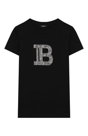 Детская хлопковая футболка BALMAIN черного цвета, арт. 6M8031/MX030/4-10 | Фото 1 (Рукава: Короткие; Материал внешний: Хлопок; Принт: С принтом; Девочки Кросс-КТ: футболка-одежда)