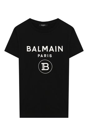Детская хлопковая футболка BALMAIN черно-белого цвета, арт. 6M8701/MX030/12-16 | Фото 1 (Материал внешний: Хлопок; Рукава: Короткие; Принт: С принтом; Девочки Кросс-КТ: футболка-одежда)