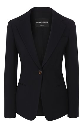 Женский шерстяной жакет GIORGIO ARMANI темно-синего цвета по цене 138000 руб., арт. 0SHGG0DC/T01HK | Фото 1 Женский шерстяной жакет GIORGIO ARMANI темно-синего цвета, арт. 0SHGG0DC/T01HK | Фото 1 (Материал внешний: Шерсть; Материал подклада: Синтетический материал; Случай: Формальный; Рукава: Длинные; Длина (для топов): Стандартные; 1-2-бортные: Однобортные; Женское Кросс-КТ: Жакет-одежда; Статус проверки: Проверена категория)