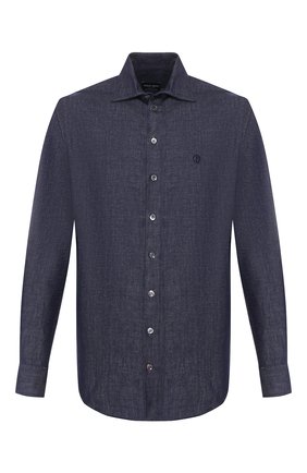 Мужская рубашка из смеси хлопка и льна GIORGIO ARMANI синего цвета, арт. 0SGCCZMC/TZ568 | Фото 1 (Материал внешний: Хлопок; Длина (для топов): Стандартные; Рукава: Длинные; Мужское Кросс-КТ: Рубашка-одежда; Принт: Однотонные; Случай: Повседневный; Манжеты: На пуговицах; Воротник: Акула; Региональные ограничения белый список (Axapta Mercury): RU)
