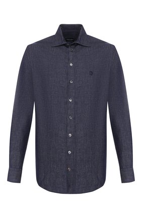 Мужская рубашка из смеси хлопка и льна GIORGIO ARMANI синего цвета по цене 47700 руб., арт. 0SGCCZMC/TZ568 | Фото 1 Мужская рубашка из смеси хлопка и льна GIORGIO ARMANI синего цвета, арт. 0SGCCZMC/TZ568 | Фото 1 (Материал внешний: Хлопок; Длина (для топов): Стандартные; Рукава: Длинные; Мужское Кросс-КТ: Рубашка-одежда; Принт: Однотонные; Случай: Повседневный; Манжеты: На пуговицах; Воротник: Акула; Региональные ограничения белый список (Axapta Mercury): RU)