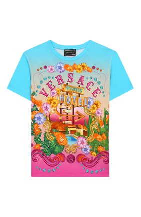 Детская хлопковая футболка VERSACE разноцветного цвета по цене 15500 руб., арт. YC000249/A232865/4A-6A | Фото 1 Детская хлопковая футболка VERSACE разноцветного цвета, арт. YC000249/A232865/4A-6A | Фото 1 (Рукава: Короткие; Материал внешний: Хлопок; Девочки Кросс-КТ: футболка-одежда; Ростовка одежда: 6 лет | 116 см)