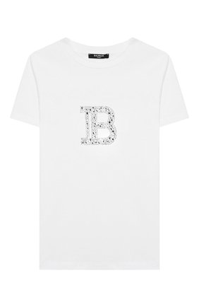 Детская хлопковая футболка BALMAIN белого цвета, арт. 6M8031/MX030/4-10 | Фото 1 (Рукава: Короткие; Материал внешний: Хлопок; Девочки Кросс-КТ: футболка-одежда)