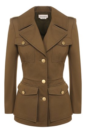 Женский хлопковый жакет ALEXANDER MCQUEEN хаки цвета по цене 180500 руб., арт. 605296/QFAAD | Фото 1 Женский хлопковый жакет ALEXANDER MCQUEEN хаки цвета, арт. 605296/QFAAD | Фото 1 (Рукава: Длинные; Материал подклада: Хлопок; Материал внешний: Хлопок; Случай: Повседневный; Длина (для топов): Стандартные; 1-2-бортные: Однобортные; Женское Кросс-КТ: Жакет-одежда)