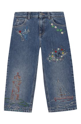 Детские джинсы GUCCI синего цвета, арт. 595879/XDA2A | Фото 1 (Материал внешний: Хлопок; Кросс-КТ: джинсы; Детали: Декор, Потертости; Ростовка одежда: 4 года | 104 см, 5 лет | 110 см, 6 лет | 116 см, 8 лет | 128 см)