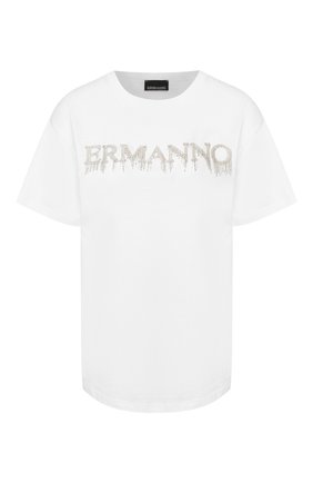 Женская хлопковая футболка ERMANNO ERMANNO SCERVINO белого цвета по цене 18000 руб., арт. 46T TS17 JC0 | Фото 1 Женская хлопковая футболка ERMANNO ERMANNO SCERVINO белого цвета, арт. 46T TS17 JC0 | Фото 1