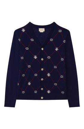 Детский шерстяной кардиган GUCCI синего цвета по цене 28200 руб., арт. 599105/XKA5Z | Фото 1 Детский шерстяной кардиган GUCCI синего цвета, арт. 599105/XKA5Z | Фото 1