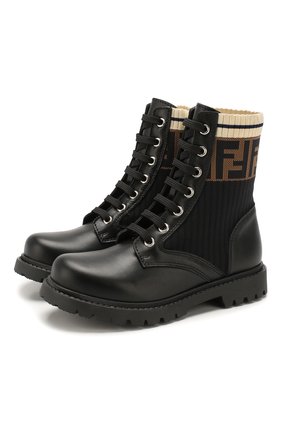 Детские кожаные ботинки FENDI черного цвета, арт. JMR329/A8CU/32-39 | Фото 1 (Материал внутренний: Натуральная кожа; Материал внешний: Текстиль, Кожа; Длина стельки: 20,5)