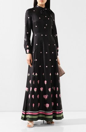 Женское шелковое платье VALENTINO черного цвета по цене 423500 руб., арт. TB3VDA7056D | Фото 2 Женское шелковое платье VALENTINO черного цвета, арт. TB3VDA7056D | Фото 2 (Материал внешний: Шелк; Рукава: Длинные; Случай: Повседневный; Длина Ж (юбки, платья, шорты): Макси; Статус проверки: Проверена категория)