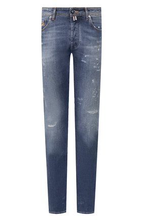 Мужские джинсы VILEBREQUIN синего цвета, арт. VBMP0001-00583-W3 | Фото 1 (Длина (брюки, джинсы): Стандартные; Материал внешний: Хлопок; Кросс-КТ: Деним; Детали: Потертости; Силуэт М (брюки): Узкие)