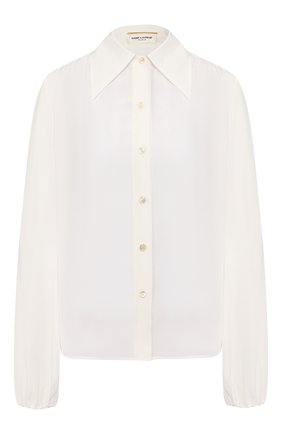 Женская шелковая рубашка SAINT LAURENT белого цвета по цене 75850 руб., арт. 622778/Y100W | Фото 1 Женская шелковая рубашка SAINT LAURENT белого цвета, арт. 622778/Y100W | Фото 1 (Рукава: Длинные; Материал внешний: Шелк; Принт: Без принта; Длина (для топов): Стандартные; Женское Кросс-КТ: Рубашка-одежда)