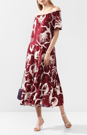 Женское платье-миди VALENTINO бордового цвета по цене 172500 руб., арт. TB3MJ01L5AM | Фото 2 Женское платье-миди VALENTINO бордового цвета, арт. TB3MJ01L5AM | Фото 2 (Рукава: Короткие, С открытыми плечами; Длина Ж (юбки, платья, шорты): Миди; Материал внешний: Синтетический материал; Случай: Повседневный; Статус проверки: Проверена категория)