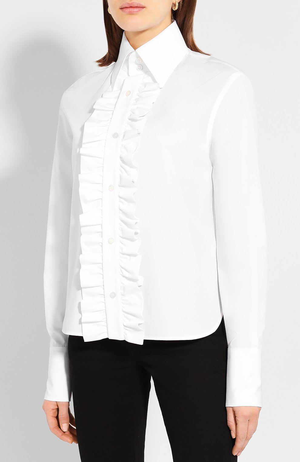 Женская хлопковая рубашка SAINT LAURENT белого цвета, арт. 614790/Y227W | Фото 3 (Рукава: Длинные; Принт: Без принта; Женское Кросс-КТ: Рубашка-одежда; Длина (для топов): Стандартные; Материал внешний: Хлопок; Статус проверки: Проверена категория)