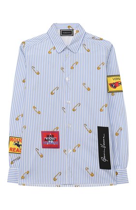 Детская хлопковая рубашка VERSACE голубого цвета по цене 23250 руб., арт. YD000158/A233568/8A-14A | Фото 1 Детская хлопковая рубашка VERSACE голубого цвета, арт. YD000158/A233568/8A-14A | Фото 1