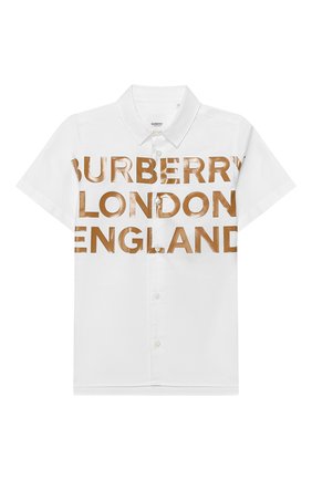 Детская хлопковая рубашка BURBERRY белого цвета по цене 14800 руб., арт. 8026355 | Фото 1 Детская хлопковая рубашка BURBERRY белого цвета, арт. 8026355 | Фото 1 (Материал внешний: Хлопок; Случай: Повседневный; Рукава: Короткие; Ростовка одежда: 10 - 11 лет | 140 - 146см, 13 - 15 лет | 158 см, 16 лет | 164 см, 3 года | 98 см, 4 года | 104 см, 6 лет | 116 см, 8 лет | 128 см)