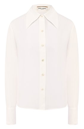 Женская шелковая рубашка SAINT LAURENT белого цвета по цене 75850 руб., арт. 620779/Y100W | Фото 1 Женская шелковая рубашка SAINT LAURENT белого цвета, арт. 620779/Y100W | Фото 1 (Длина (для топов): Стандартные; Материал внешний: Шелк; Рукава: Длинные; Принт: Без принта; Женское Кросс-КТ: Рубашка-одежда)