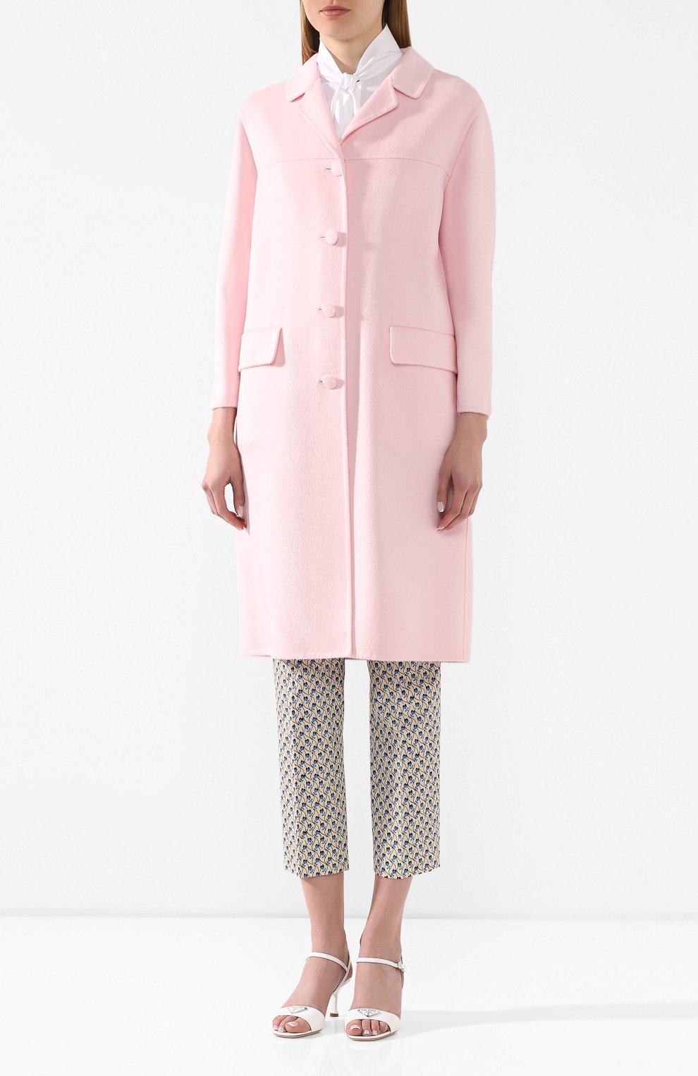 Женское шерстяное пальто PRADA розового цвета, арт. P638M-1CRU-F0E18 | Фото 3 (Материал внешний: Шерсть; Рукава: Длинные; Длина (верхняя одежда): До колена; 1-2-бортные: Однобортные)