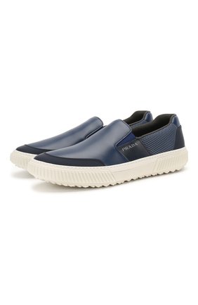 Мужские комбинированные слипоны PRADA синего цвета по цене 36500 руб., арт. 4D3522-2OFB-F0216 | Фото 1 Мужские комбинированные слипоны PRADA синего цвета, арт. 4D3522-2OFB-F0216 | Фото 1