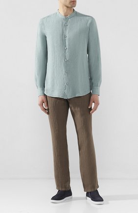 Мужская льняная рубашка Z ZEGNA бирюзового цвета по цене 19900 руб., арт. VU230/ZCSG1 | Фото 2 Мужская льняная рубашка Z ZEGNA бирюзового цвета, арт. VU230/ZCSG1 | Фото 2 (Рукава: Длинные; Длина (для топов): Стандартные; Случай: Повседневный; Материал внешний: Лен; Воротник: Мандарин; Принт: Однотонные; Манжеты: На пуговицах)