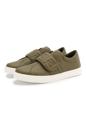 Детские кожаные кеды FENDI хаки цвета по цене 32200 руб., арт. JMR312/A9SW/32-39 | Фото 1 Детские кожаные кеды FENDI хаки цвета, арт. JMR312/A9SW/32-39 | Фото 1