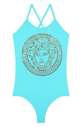 Детского слитный купальник VERSACE бирюзового цвета по цене 18200 руб., арт. YC000259/A233889/8A-14A | Фото 1 Детского слитный купальник VERSACE бирюзового цвета, арт. YC000259/A233889/8A-14A | Фото 1 (Материал внешний: Синтетический материал; Девочки Кросс-КТ: Купальники-пляж)