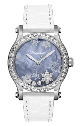 Женские часы happy snowflakes CHOPARD бесцветного цвета, арт. 278578-3001 | Фото 1 (Материал корпуса: Сталь; Цвет циферблата: Перламутровый; Механизм: Автомат)